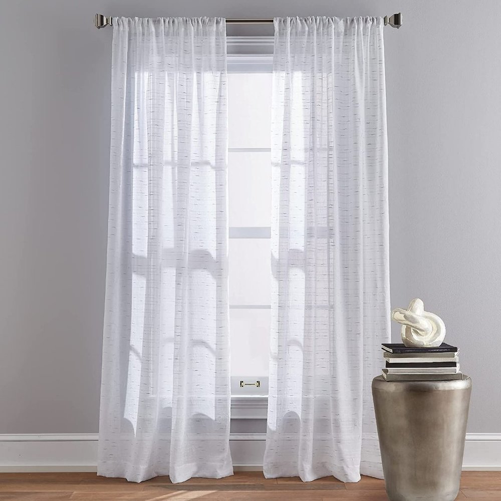 DKNY Silver Metallic Sparkle Stitch on White Sheer Panel Pair 50 x 108